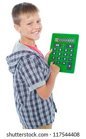 Pleasant Young Student Using A Large Green Calculator And Looking At The Camera