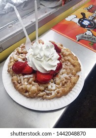 Pleasanton, CA. USA- June 22, 2019, Strawberry Funnel Cake With Whip Cream At The Alameda County Fair