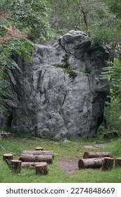 Pleasantville, New York, USA: 600 million year old gneiss rock in Rockefeller State Park Preserve, one of the largest glacial erratics in the US, at almost 20 ft. high and 65 ft. in circumference.