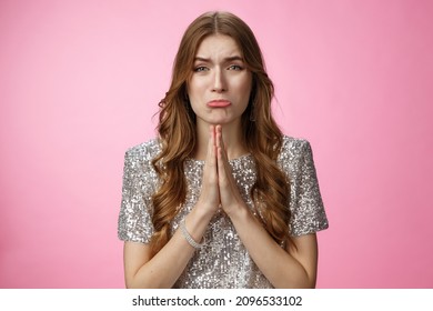 Please beg you. Clingy silly miserable supplicating young cute female curly-haired praying whining about cry press palms together asking please do favor need help, standing pink background - Shutterstock ID 2096533102
