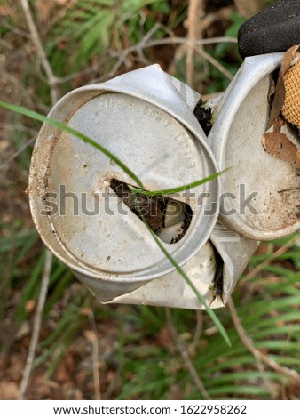 Please do not litter ironically found on a soda can with a blade of grass growing from it.