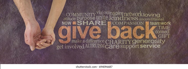 Please donate to our cause - campaign banner with female hand holding male cupped hand on left and a GIVE BACK word cloud  on right against a rustic parchment background