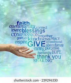 Please give generously - female hand gesturing to give surrounded by a word cloud associated to giving on a blue sparkly ethereal background  - Shutterstock ID 239296330