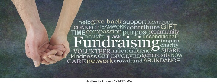 Please help us with our Fundraising Campaign Word Cloud - Female cupped hand cradling male cupped hand beside a FUNDRAISING word cloud on a rustic dark green brown  stone effect background
          