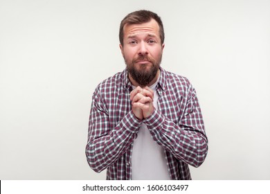 Please! Portrait Of Humble Bearded Young Man In Casual Plaid Shirt Holding Hands In Prayer, Looking With Imploring Eyes, Asking Begging Permission. Indoor Studio Shot Isolated On White Background