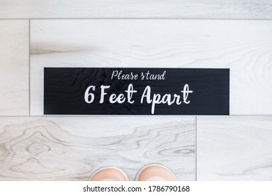 Please Stand 6 Six Feet Apart Black Tape Sign Floor Indicator