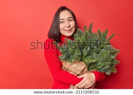 Similar – green spruce branches with brown cones