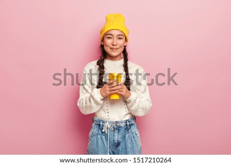 Similar – Image, Stock Photo woman having a cup of tea at home during breakfast. Cute golden retriever dog besides. Healthy breakfast with fruits and sweets. lifestyle indoors