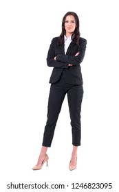 Pleased Confident Business Woman Successful Leader Smiling And Looking At Camera. Full Body Isolated On White Background. 