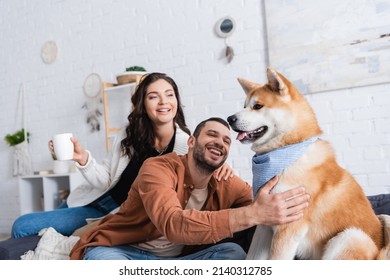 Pleased Man Sitting On Couch And Cuddling Akita Inu Dog Near Happy Girlfriend With Cup