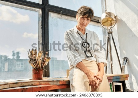 Similar – Image, Stock Photo Artwork of aged woman walking with dogs