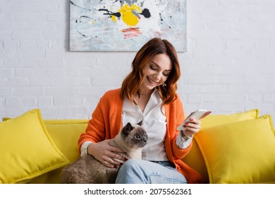 Pleased Woman Looking At Fluffy Cat While Sitting On Yellow Couch With Mobile Phone