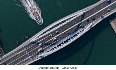 Pleasure boat navigating the canal aerial view. Drone point of view. - Shutterstock ID 2263972639