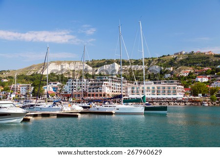 Pleasure yachts and boats are moored in marina of Balchik, Bulgaria