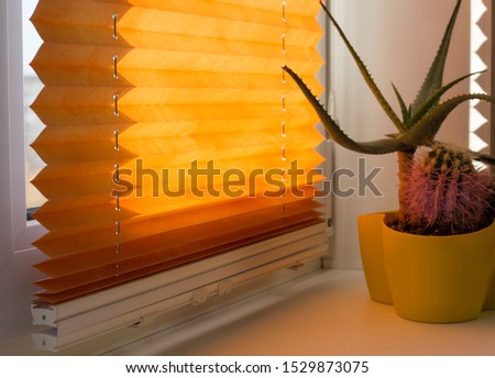 Pleated blinds with orange folded fabric on the window close up. On the windowsill stands home plant in yellow flower pot. Cordless pleated shade with white lower bar. Child safety