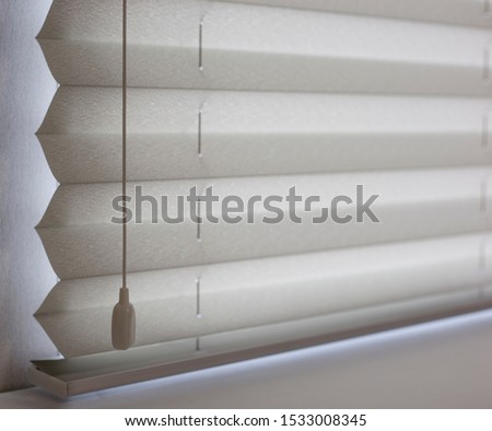 Pleated shades size XL, Coulisse, 50mm fold, close up on the window, white color, white background. Modern pleated blinds, luxury sun protection and window decoration.