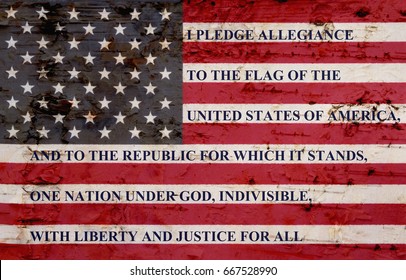 The Pledge Of Allegiance Written On A Weathered United States Of America Flag