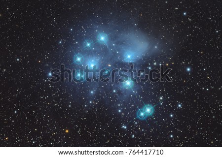 Pleiades Nebula M45  with Galaxy,Open Cluster,Globular Cluster, stars and space dust in the universe and Milky way taken by CCD Camera on telescope.