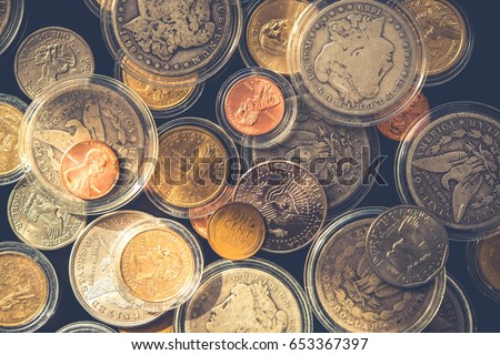 Plenty of Collectible Coins in Closeup Photography. Vintage United States of America Coins. Some in Air-Tite Holders.