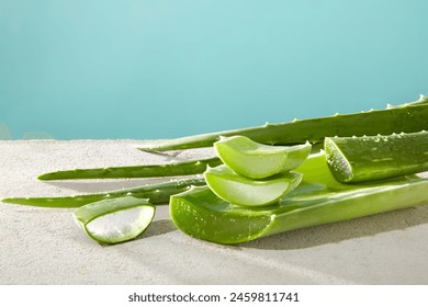 Plenty fresh aloe vera branches and slices flat lay on white table over light blue background, front view photo. Aloe vera has many benefits for heath and skin