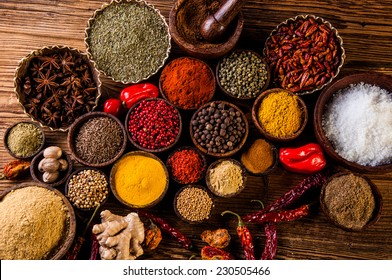 Plenty Of Traditional Asian Spices In Wooden Bowls