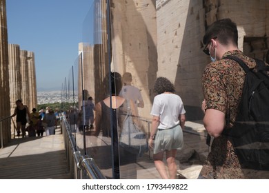 Plexiglass Divider At The Entrance Of The Acropolis Archaeological Site  In Athens, Greece, August 5, 2020