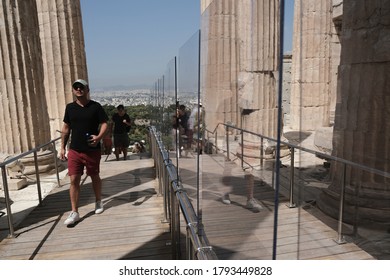 Plexiglass Divider At The Entrance Of The Acropolis Archaeological Site  In Athens, Greece, August 5, 2020