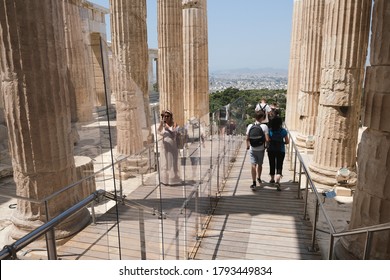 Plexiglass Divider At The Entrance Of The Acropolis Archaeological Site  In Athens, Greece, August 5, 2020