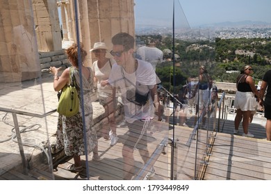 Plexiglass Divider At The Entrance Of The Acropolis Archaeological Site  In Athens, Greece, August 5, 2020