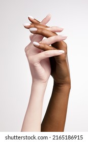 Plexus Of Authentic Hands, Fingers. Graceful Female Hands Touch Each Other Isolated On Grey Studio Background. Concept Of Diversity, Unity, Love, Support. Human Rights, Choice And Equality