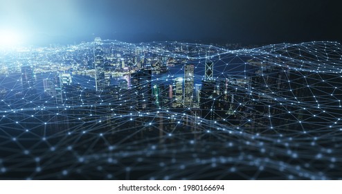 Plexus connection connectivity smart city scape blue background. Wireless communication digital networking fast deep learning machine improving development future AI machine and technology concept. - Shutterstock ID 1980166694