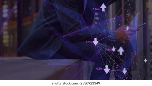 Plexus networks and globe against mid section of businessman with coffee cup using smartphone. global networking and business technology concept - Powered by Shutterstock