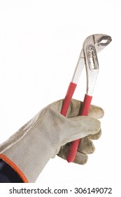 Pliers being handled with a grey leather glove isolated over white background, vertical view