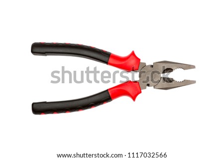 Pliers red and black color on white background. Pliers isolated on white