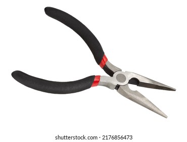 Pliers With Red And Black Handles, Isolated On White Background. Hand Tools For Repair.