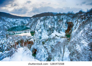 Plitvice Lakes National Park In Croatia, Winter Landscape - Big Waterfall And Lakes Panorama