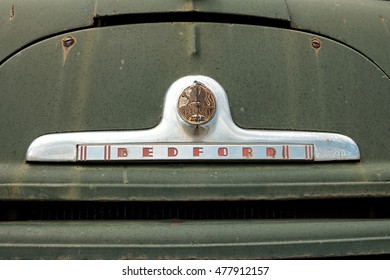 PLJEVLJA, MONTENEGRO - AUGUST 02, 2016: Logo 'BEDFORD' On Old Green Fire Truck. Established In 1930 And Constructing Commercial Vehicles, Bedford Vehicles Was A Leading International Truck Brand