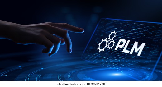 PLM Product cycle management program development concept. Hand pressing button. - Shutterstock ID 1879686778