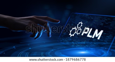 PLM Product cycle management program development concept. Hand pressing button.