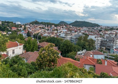 PLOVDIV, BULGARIA - AUGUST 3, 2019: Sunset Panoramic cityscape of Plovdiv city from Nebet Tepe hill, Bulgaria