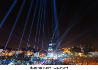 PLOVDIV, BULGARIA - JANUARY 12, 2019 - Main tower stage and fireworks for the opening event of European Capital of Culture - Plovdiv 2019. Light show at night. - Shutterstock ID 1287245596