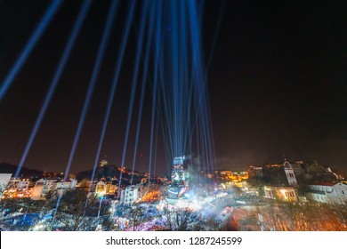 PLOVDIV, BULGARIA - JANUARY 12, 2019 - Main tower stage and fireworks for the opening event of European Capital of Culture - Plovdiv 2019. Light show at night. - Shutterstock ID 1287245599