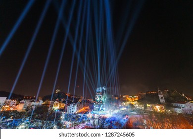 PLOVDIV, BULGARIA - JANUARY 12, 2019 - Main tower stage and fireworks for the opening event of European Capital of Culture - Plovdiv 2019. Light show at night. - Shutterstock ID 1287245605