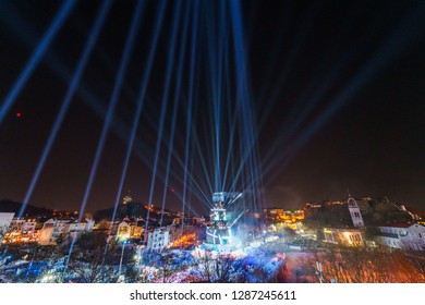 PLOVDIV, BULGARIA - JANUARY 12, 2019 - Main tower stage and fireworks for the opening event of European Capital of Culture - Plovdiv 2019. Light show at night. - Shutterstock ID 1287245611