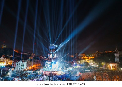 PLOVDIV, BULGARIA - JANUARY 12, 2019 - Main tower stage and fireworks for the opening event of European Capital of Culture - Plovdiv 2019. Light show at night. - Shutterstock ID 1287245749