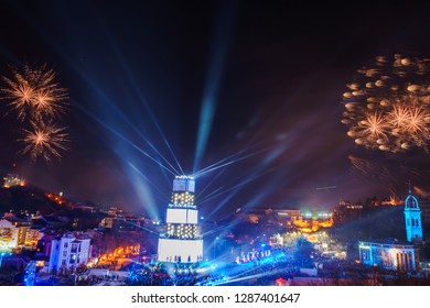 PLOVDIV, BULGARIA - JANUARY 12, 2019 - Main tower stage and fireworks for the opening event of European Capital of Culture - Plovdiv 2019. Light show at night.