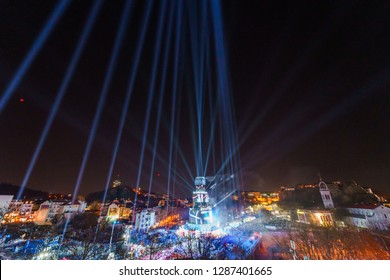 PLOVDIV, BULGARIA - JANUARY 12, 2019 - Main tower stage and fireworks for the opening event of European Capital of Culture - Plovdiv 2019. Light show at night. - Shutterstock ID 1287401665