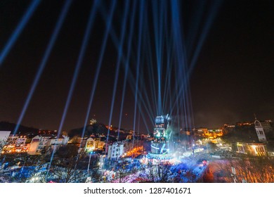 PLOVDIV, BULGARIA - JANUARY 12, 2019 - Main tower stage and fireworks for the opening event of European Capital of Culture - Plovdiv 2019. Light show at night. - Shutterstock ID 1287401671