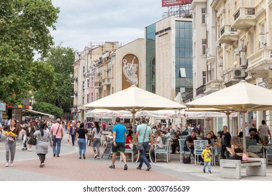 PLOVDIV, BULGARIA, JUNE 18, 2021: People enjoying the sunny weather in Plovdiv downtown, Bulgaria.