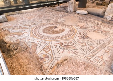 PLOVDIV, BULGARIA, MAY 08, 2021: Beautiful mosaics at Bishop’s Basilica of Philippopolis in Plovdiv, Bulgaria